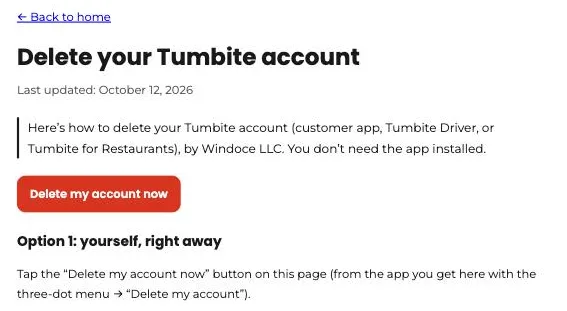 “Delete your Tumbite account” page with the “Delete my account now” button and the first option explained.