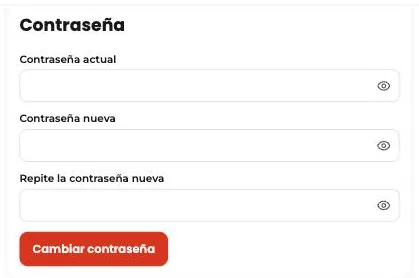 Tarjeta «Contraseña» en la configuración de Divoox con la contraseña actual, la nueva y su repetición, cada una con el ojito para verla.
