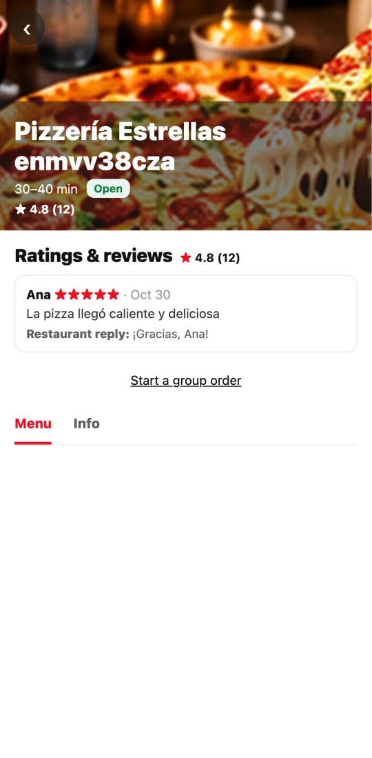 Restaurant page in the Divoox app showing “★ 4.8 (12)” and a review with the restaurant’s reply.