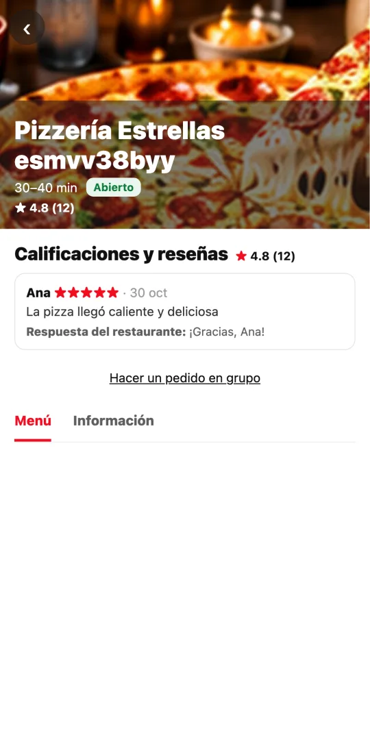 Página de un restaurante en la app de Divoox con «★ 4.8 (12)» y una reseña con la respuesta del restaurante.