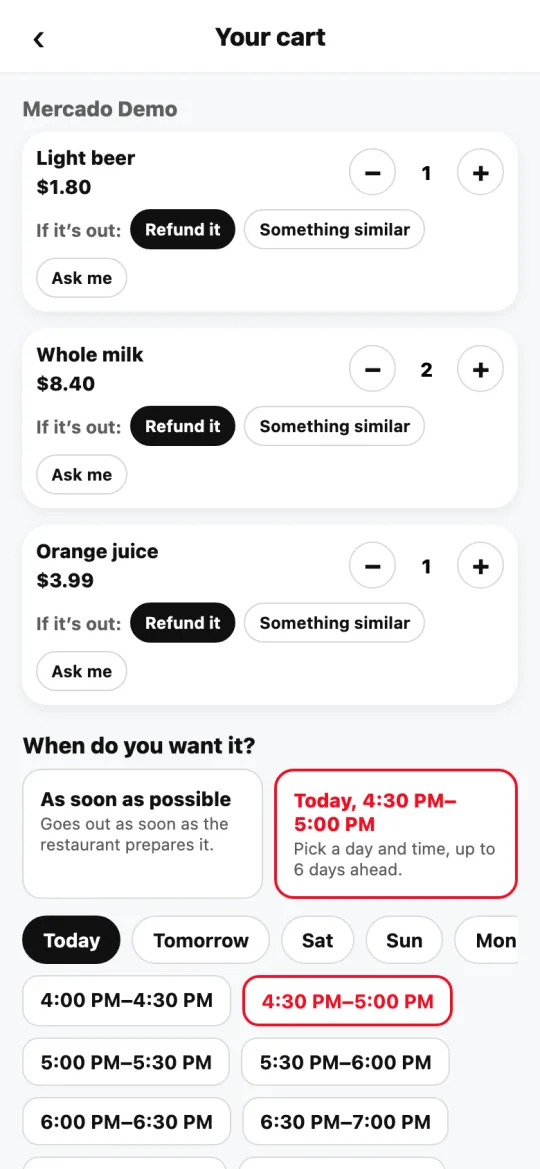 The Divoox cart with “When do you want it?”: as soon as possible or schedule, the days and the half-hour windows.