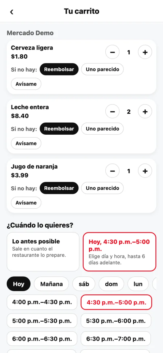 El carrito de Divoox con «¿Cuándo lo quieres?»: lo antes posible o programar, los días y las franjas de media hora.