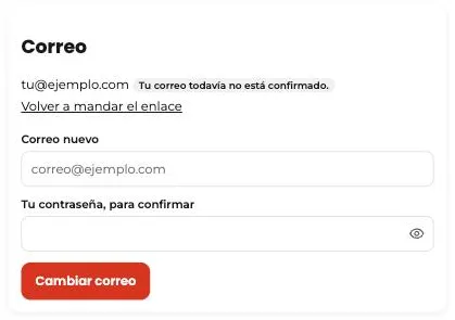 Tarjeta «Correo» en la configuración de Divoox con el aviso «Tu correo todavía no está confirmado» y el enlace «Volver a mandar el enlace».
