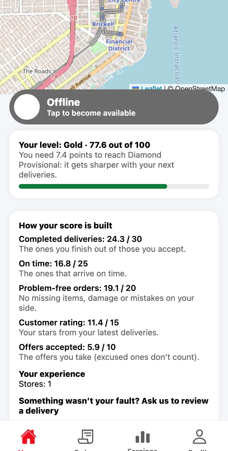 Divoox driver app showing “Your level: Gold · 77.6 out of 100”, what’s left for Diamond and the five parts of the score.