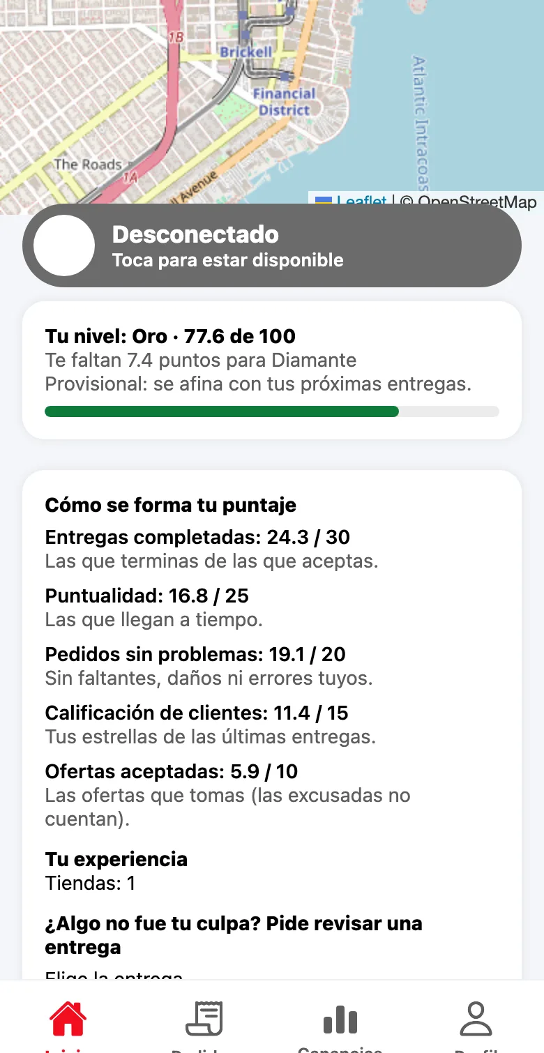 App del repartidor de Divoox con «Tu nivel: Oro · 77.6 de 100», lo que falta para Diamante y las cinco partes del puntaje.