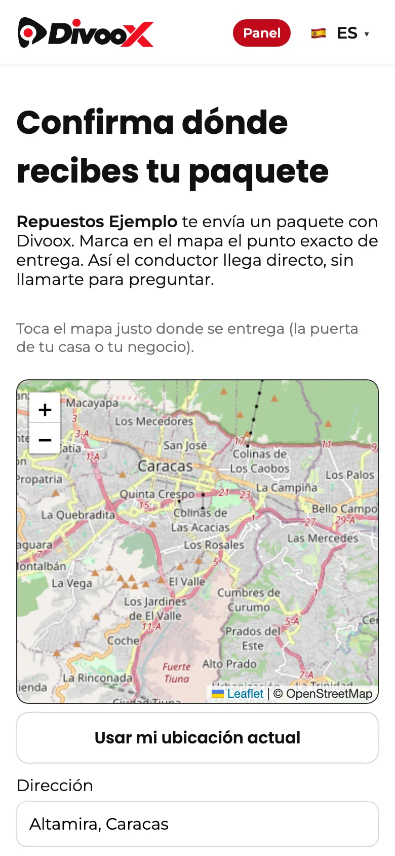 Página para que el destinatario marque en el mapa dónde recibe su paquete.