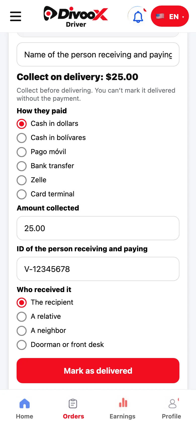 Divoox driver app with the form to record the payment before delivering.