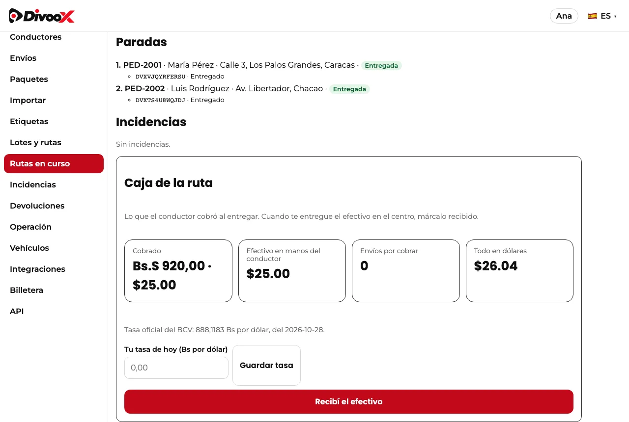 Caja de la ruta en el panel de Divoox Flex con lo cobrado y el botón «Recibí el efectivo».