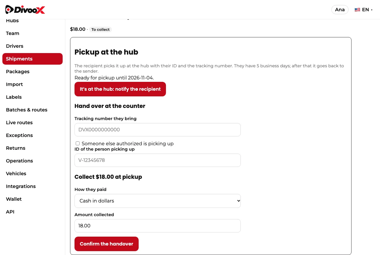 Hub pickup in the Divoox Flex dashboard: notify the recipient and hand over at the counter with ID and payment.