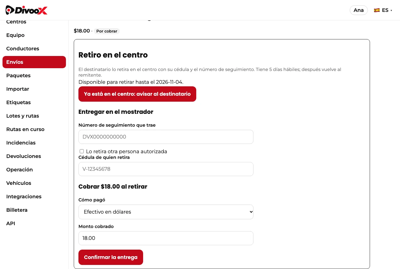 Retiro en el centro en el panel de Divoox Flex: aviso al destinatario y entrega en el mostrador con cédula y cobro.