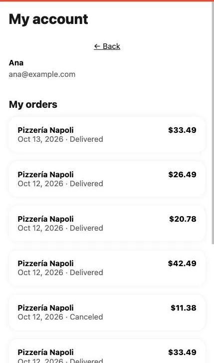“My account” screen in the Tumbite app with the customer’s name and email and the list of orders with restaurant, date, status, and total.