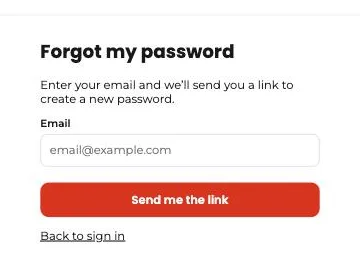 Tumbite “Forgot my password” page with the email field and the “Send me the link” button.