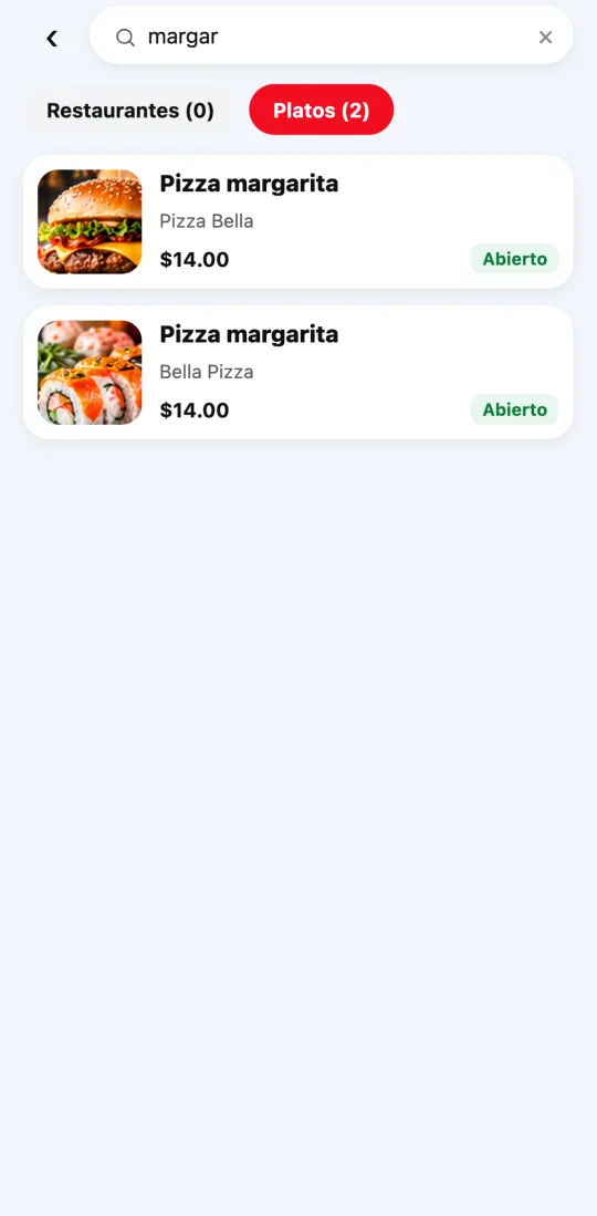 Pantalla de búsqueda de la app del cliente con la palabra escrita arriba, las pestañas Restaurantes y Platos con su cantidad, y un plato encontrado con su precio y su restaurante.
