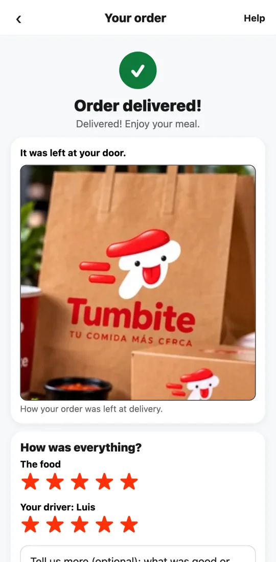 Delivered order with star ratings for the food and the driver.
