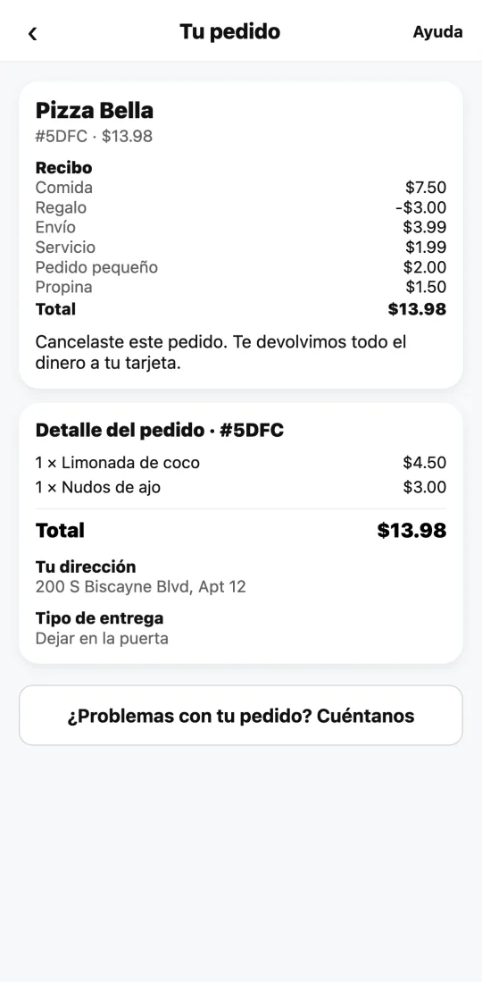 Pedido cancelado en la app de Divoox con el aviso de que se devolvió todo el dinero a la tarjeta.