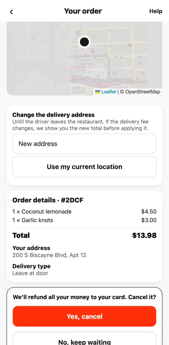 Paid order in the Tumbite app with the question “We’ll refund all your money to your card. Cancel it?” and the “Yes, cancel” button.