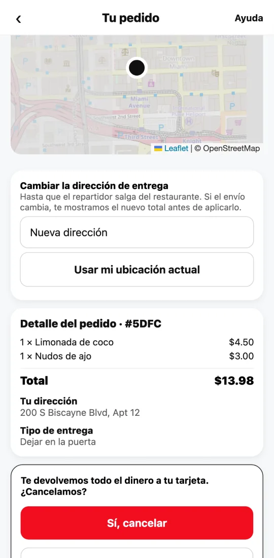 Pedido pagado en la app de Divoox con la pregunta «Te devolvemos todo el dinero a tu tarjeta. ¿Cancelamos?» y el botón «Sí, cancelar».