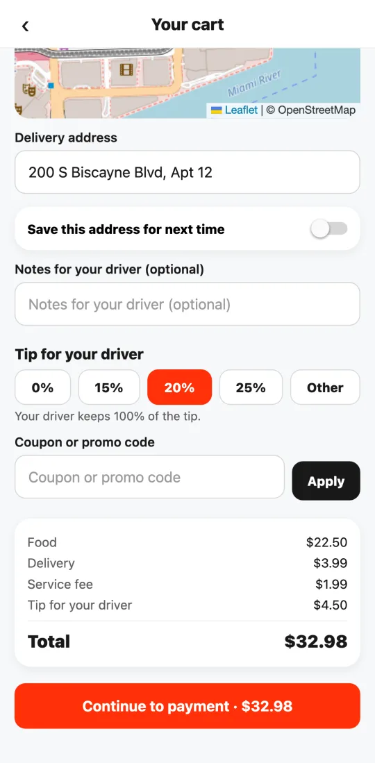 Cart with the delivery address, the driver tip, and the full breakdown before paying.