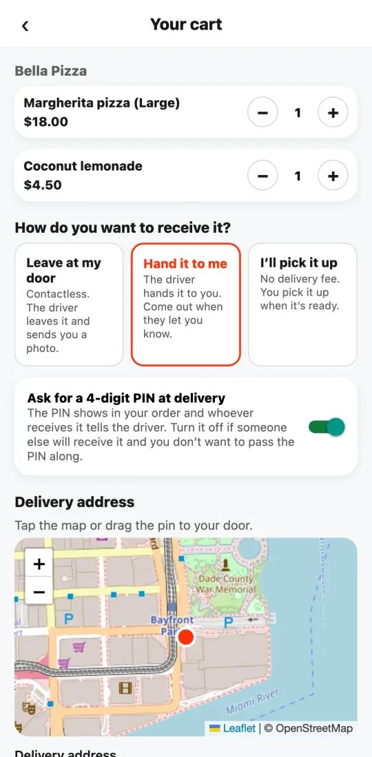 Cart with “Hand it to me” selected and the “Ask for a 4-digit PIN at delivery” switch on.