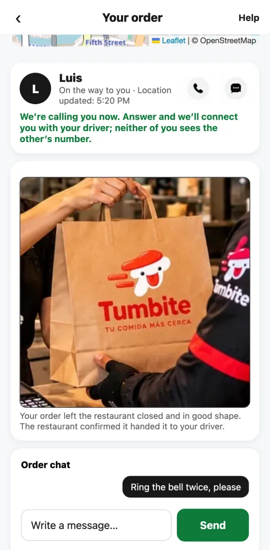 Order chat in the customer app: a message from the customer and the driver’s reply.