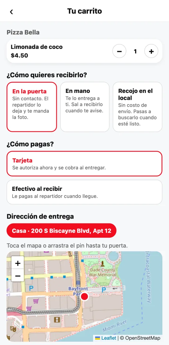 Carrito con la dirección guardada «Casa» como botón encima del mapa, ya seleccionada.