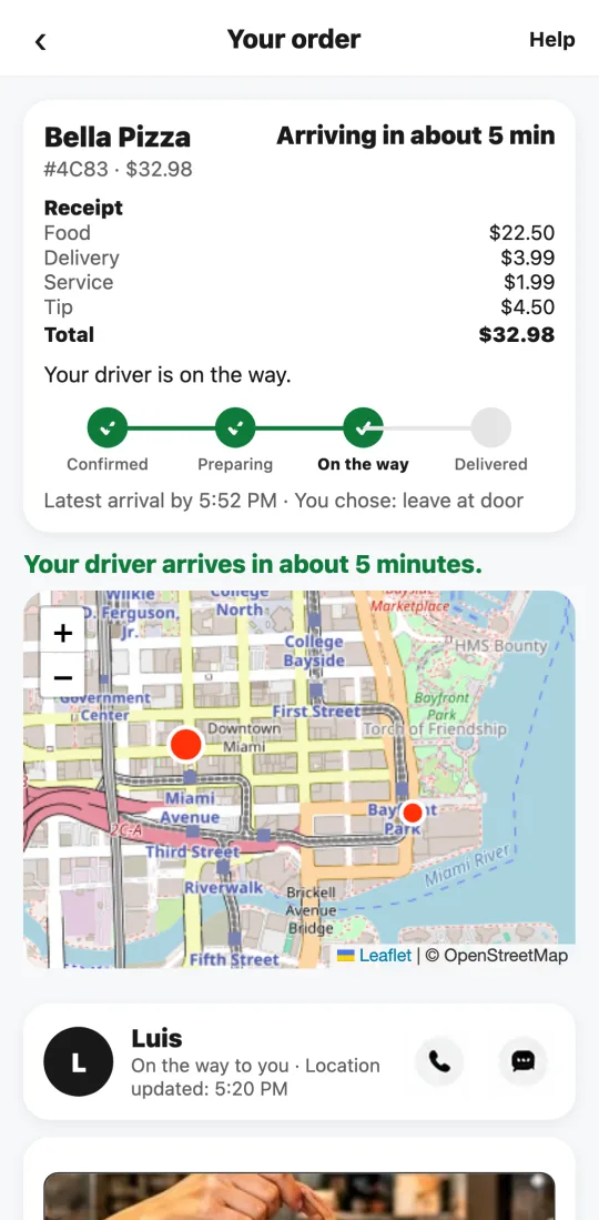 Real Tumbite app screen: the order on its way, with the driver on the map