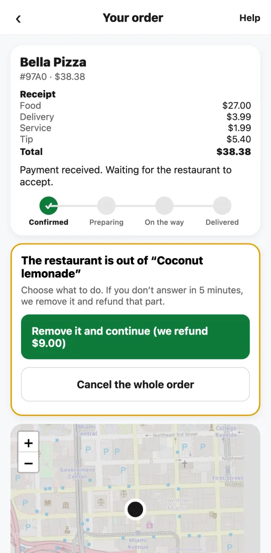 Order in the customer app with the notice “The restaurant is out of Coconut lemonade” and the buttons “Remove it and continue (we refund $…)” and “Cancel the whole order.”