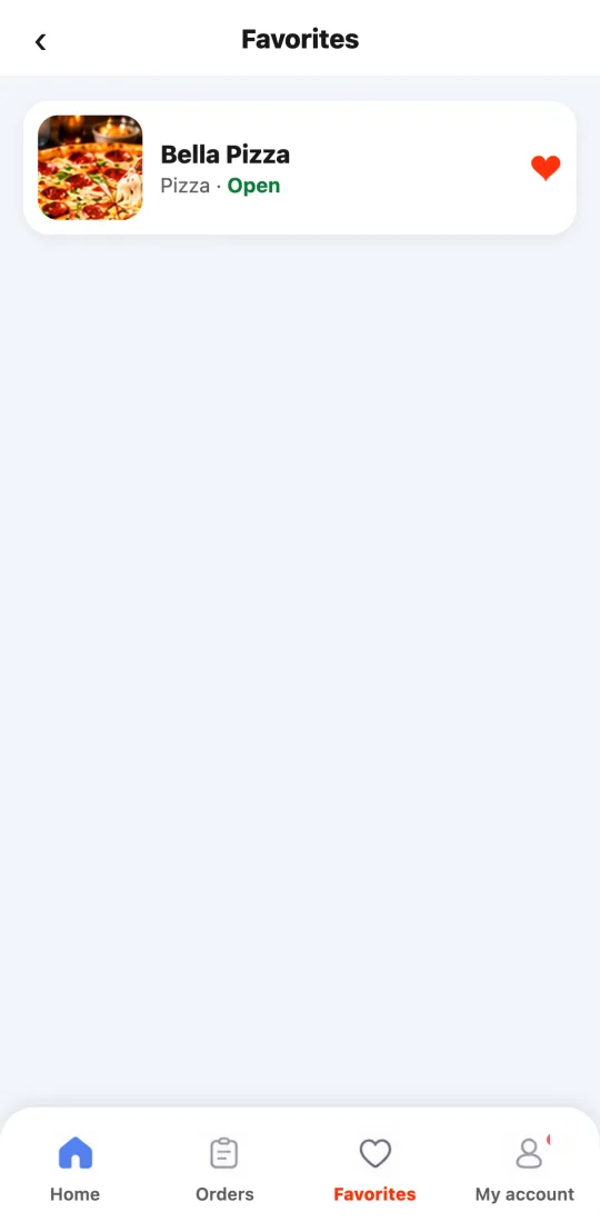 Favorites screen in the customer app with a saved restaurant, its type of food and whether it is open.
