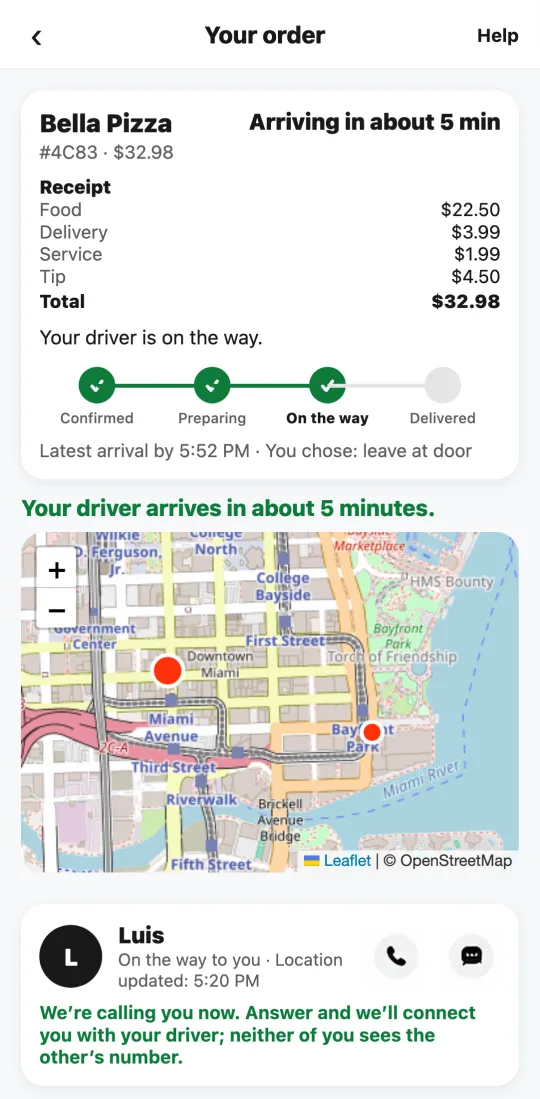 Order on the way in the customer app with the “Call the driver (masked number)” button and the notice “We’re calling you now. Answer and we’ll connect you with your driver.”