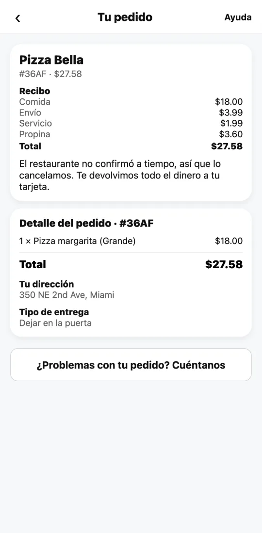 Pedido en la app de Divoox que el Manager canceló solo porque el restaurante no confirmó a tiempo, con el aviso de la devolución.