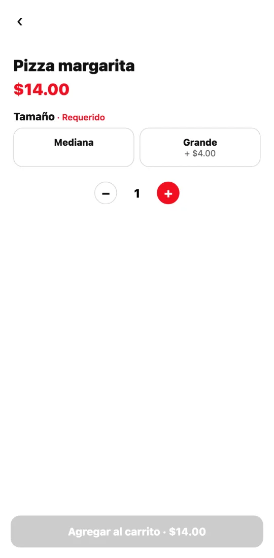 Ventana de opciones de la pizza en la app del cliente: grupo «Tamaño» obligatorio con Mediana y Grande (+4 dólares) y el botón «Agregar al carrito».