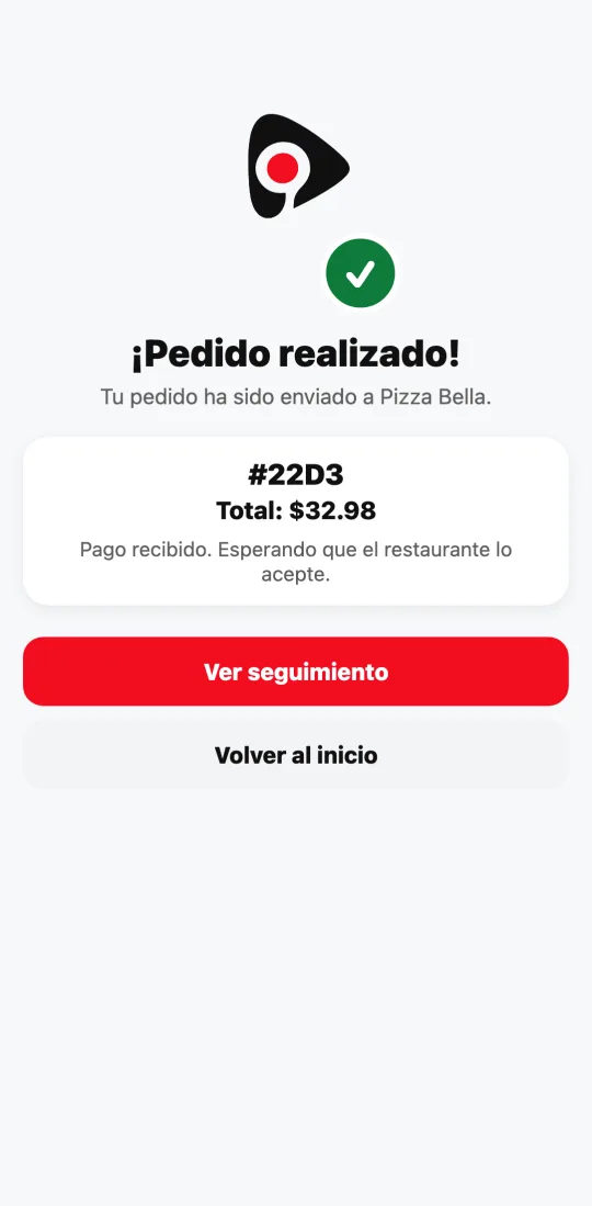 Confirmación «¡Pedido realizado!» en la app de Divoox, con el número del pedido, el total y los botones «Ver seguimiento» y «Volver al inicio».