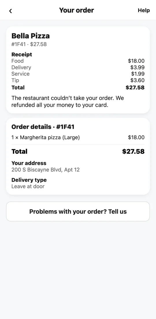 Order in the Tumbite app that the restaurant couldn’t take, with the notice that all the money was refunded.