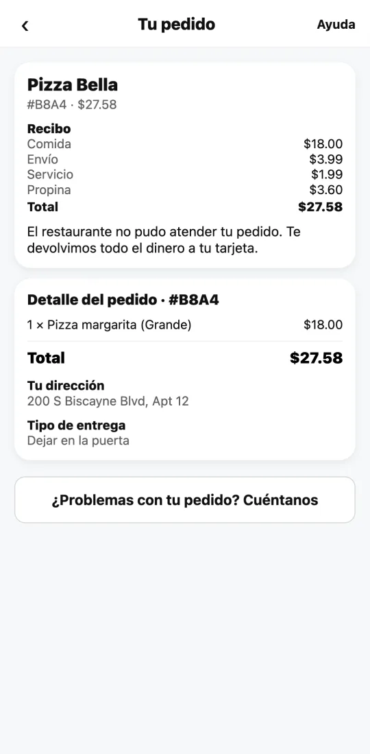 Pedido en la app de Divoox que el restaurante no pudo atender, con el aviso de que se devolvió todo el dinero.