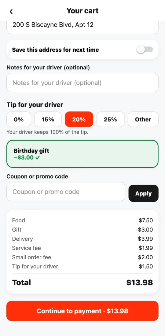 Cart in the Tumbite app with the birthday gift applied in green and the discount in the total breakdown.