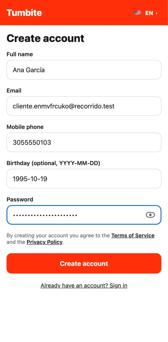 “Create account” screen in the Tumbite app with full name, email, mobile phone, birthday, and password.