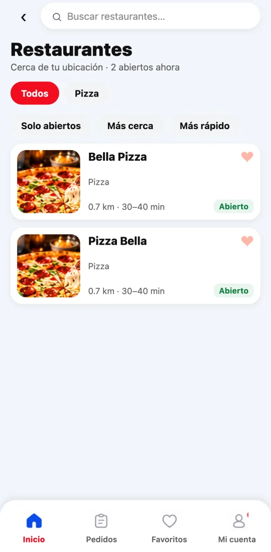 Lista de restaurantes de Comida en la app de Divoox: buscador, botones por tipo de comida y tarjetas con foto, distancia, tiempo y si está abierto.