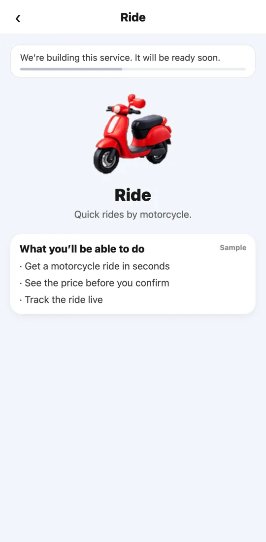 Moto service screen in the customer app: discreet strip “We’re building this service. It will be ready soon.”, the large icon, the name, and a sample card with what you’ll be able to do.