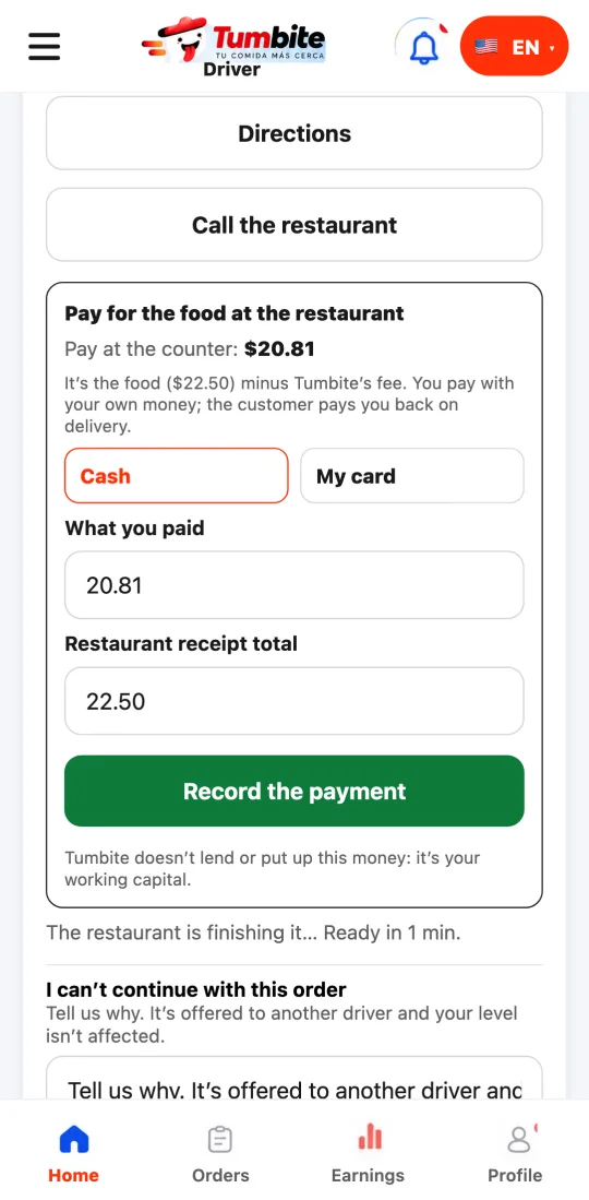 Driver app at the restaurant: “Pay for the food at the restaurant” with the amount to pay at the counter, cash or my card, what you paid, the receipt total, and the “Record the payment” button.
