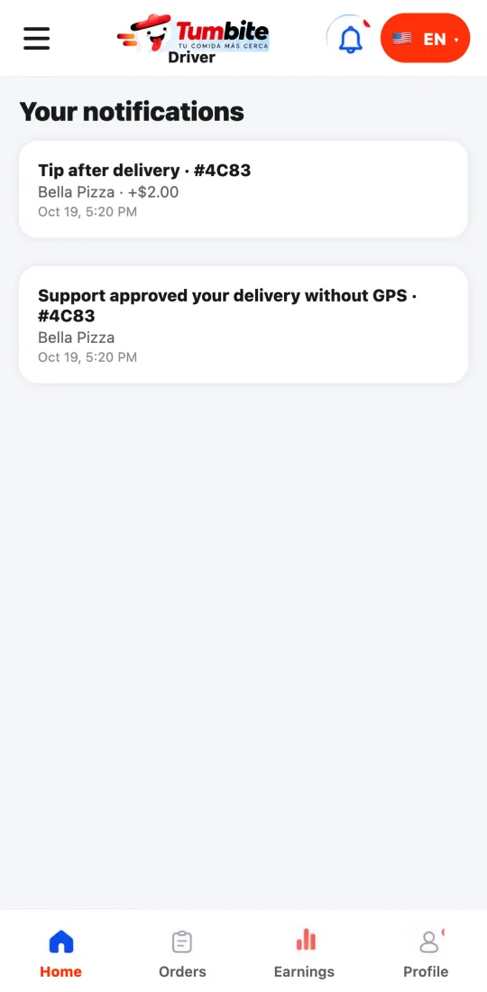 “Your notifications” screen in the driver app with an order ready for pickup and other recent notifications.