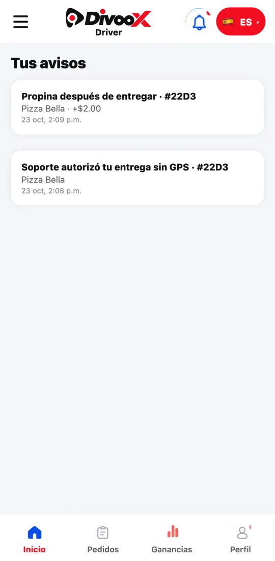 Pantalla «Tus avisos» de la app de repartidores con un pedido listo para recoger y otros avisos recientes.