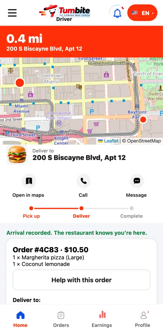 Order on the way to delivery, with the green “Directions” button and how far there is left to go.