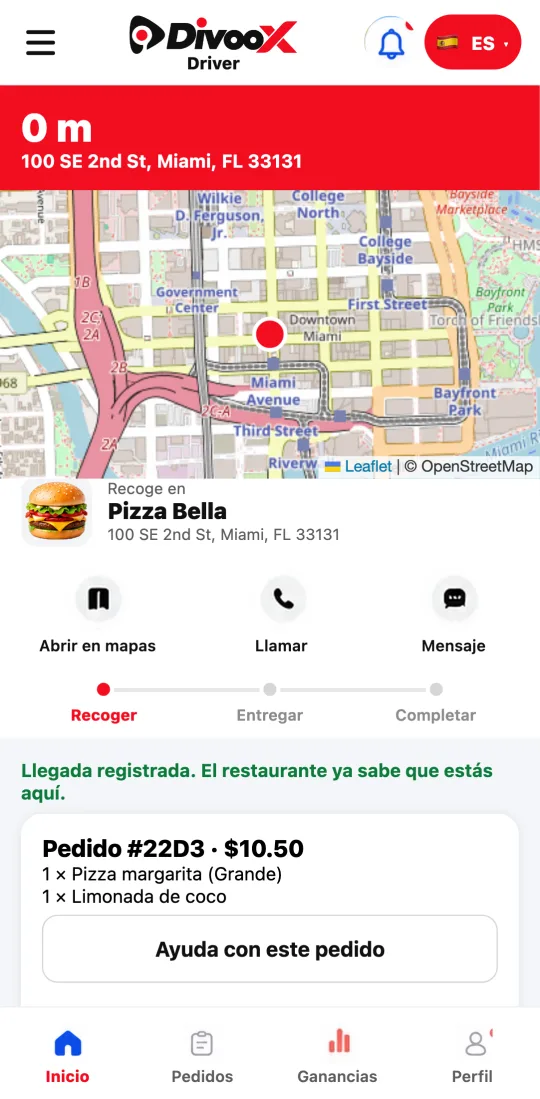 App del repartidor en el restaurante: campo para escribir el número del pedido, botón de verificar y la foto de la bolsa enviada.