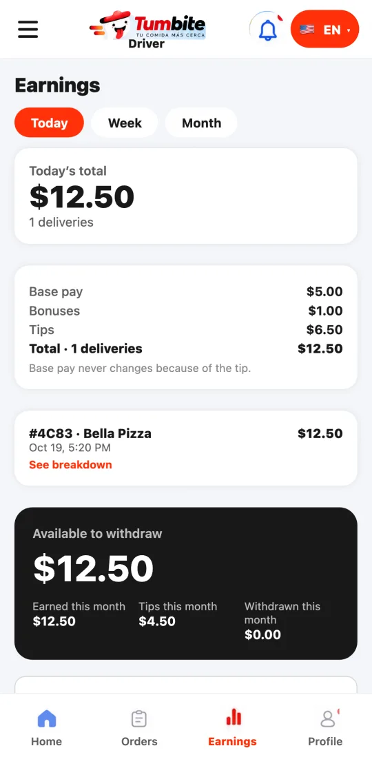 Earnings tab in the driver app with the period total split into base pay, bonuses, and tips, and an order with its breakdown open.