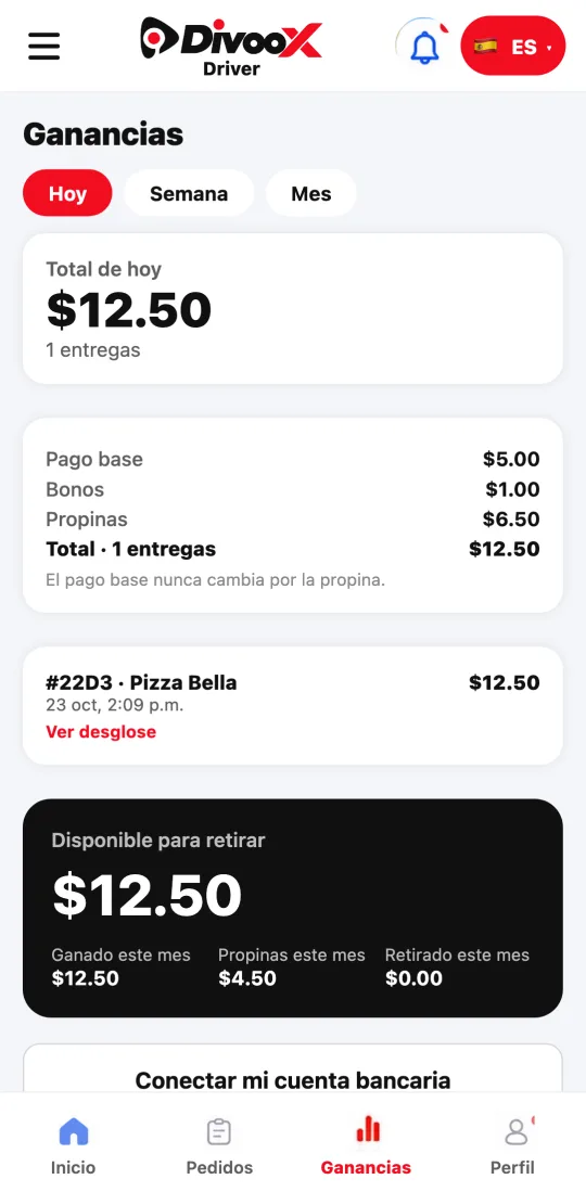 Pestaña Ganancias de la app de repartidores con el total del periodo separado en pago base, bonos y propinas, y un pedido con su desglose abierto.