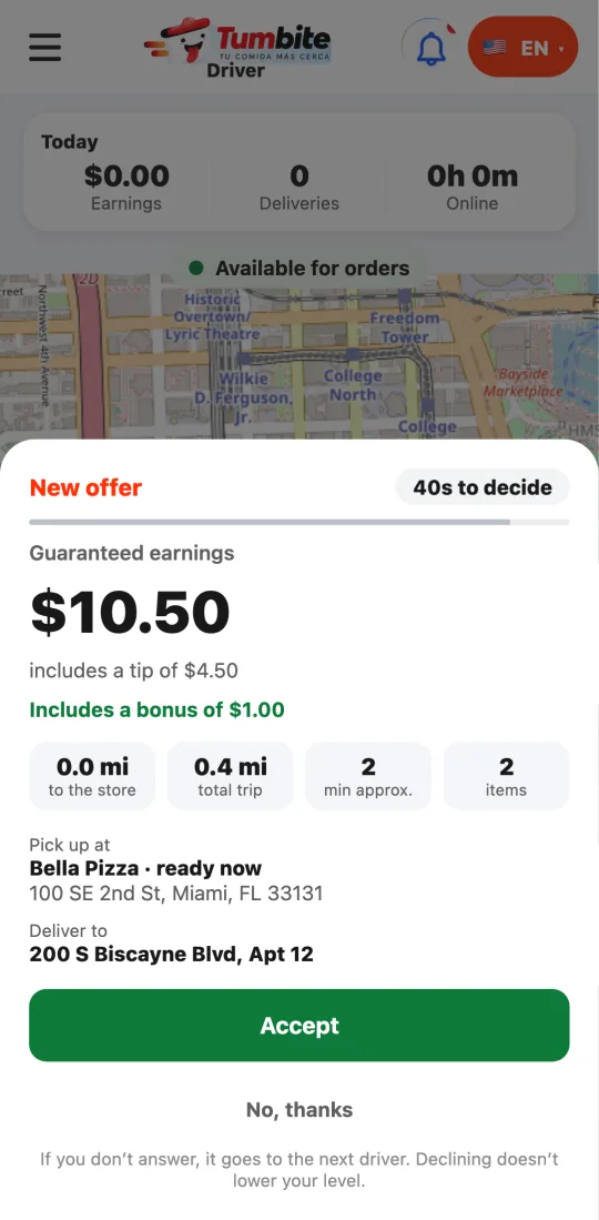 Offer in the driver app showing the earnings and the green line “Includes a bonus of $1.00 for taking an order others passed on.”