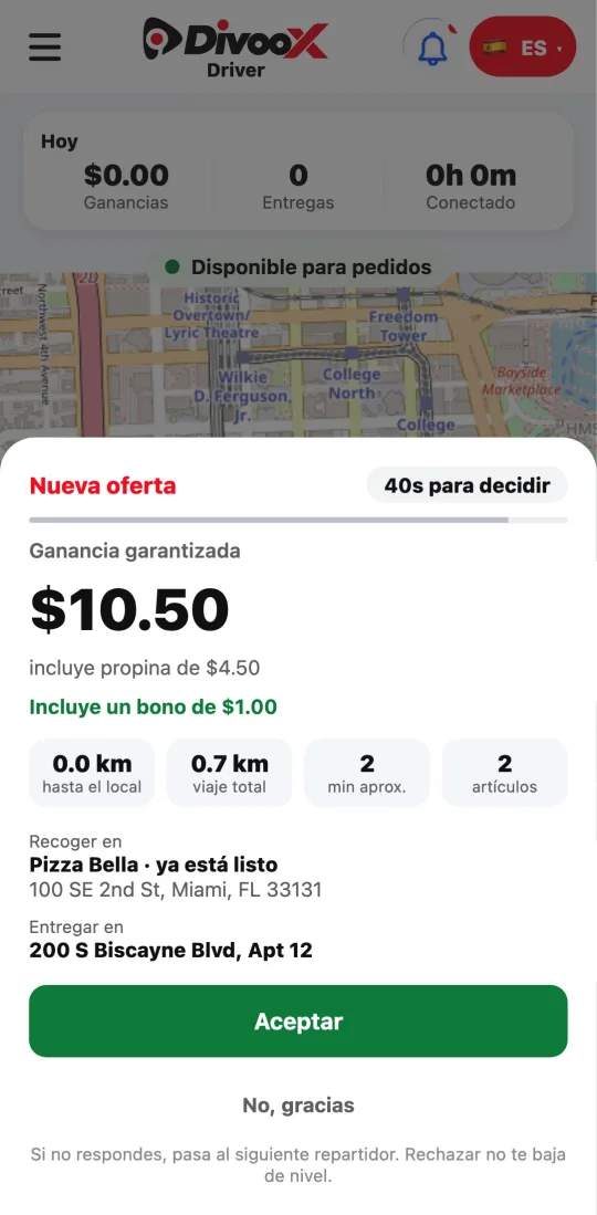Oferta en la app del repartidor con lo que gana y la línea verde «Incluye un bono de $1.00 por tomar un pedido que otros dejaron pasar».