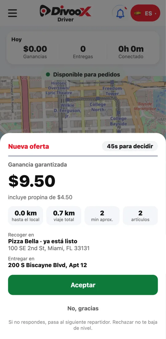 Oferta nueva en la app de repartidores: cuánto ganas con la propina incluida, dónde recoger, dónde entregar y la distancia.