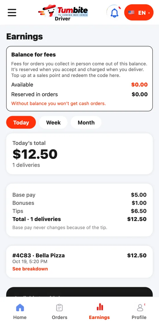 Wallet in the driver app with the “Balance for fees” block: available, reserved in orders and the top-up code box.
