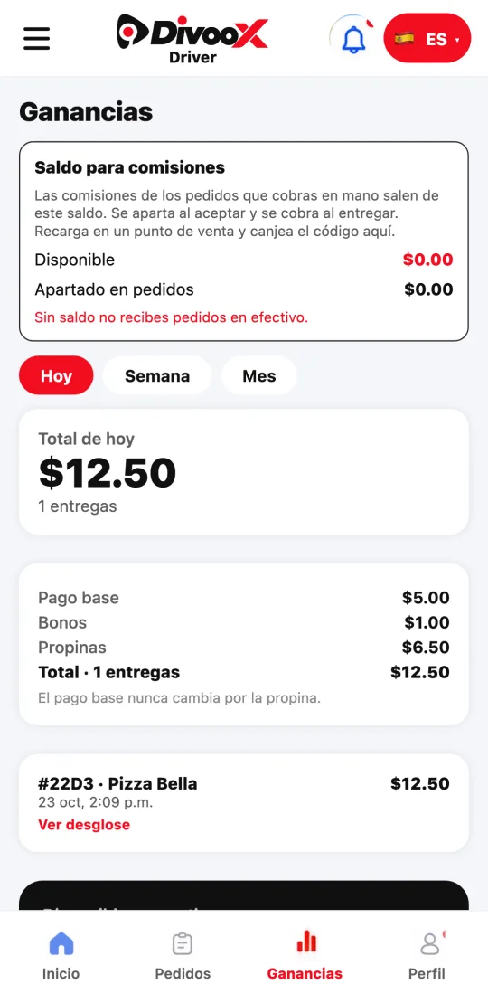 Billetera de la app del repartidor con el bloque «Saldo para comisiones»: disponible, apartado en pedidos y la casilla del código de recarga.